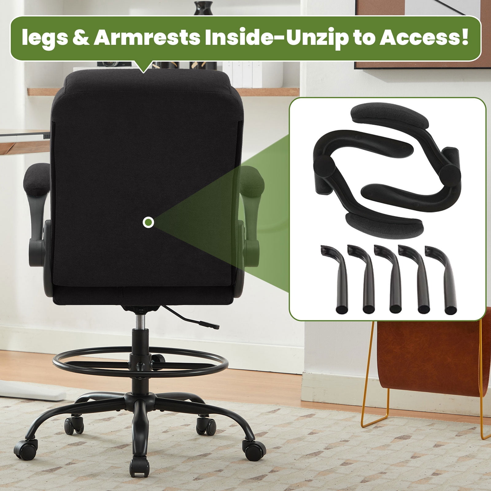 JONPONY Tall Office Chair for Standing Desk, Ergonomic High Office Chair with Adjustable Foot Ring, Flip-Up Armrests, Lumbar Support for Home office ,Black