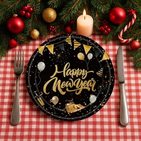 Herunwer New Years Plates, Happy New Year Disposable Tableware for New Years Eve Party Decorations Supplies