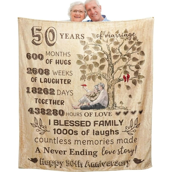 50th Anniversary Throw Blanket Gifts 50th Golden Wedding for Couple Parents Grandparents Friends Golden 50 Years of Marriage Gift Ideas Throw Blankets 60"X 50"
