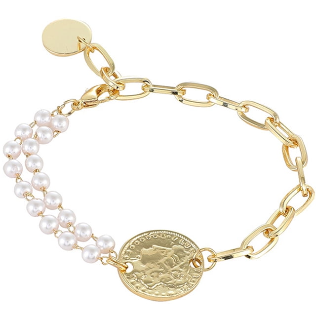 Pulsera de perlas con eslabones de cadena, pulsera asimétrica con dijes de cadena, joyería para mujer