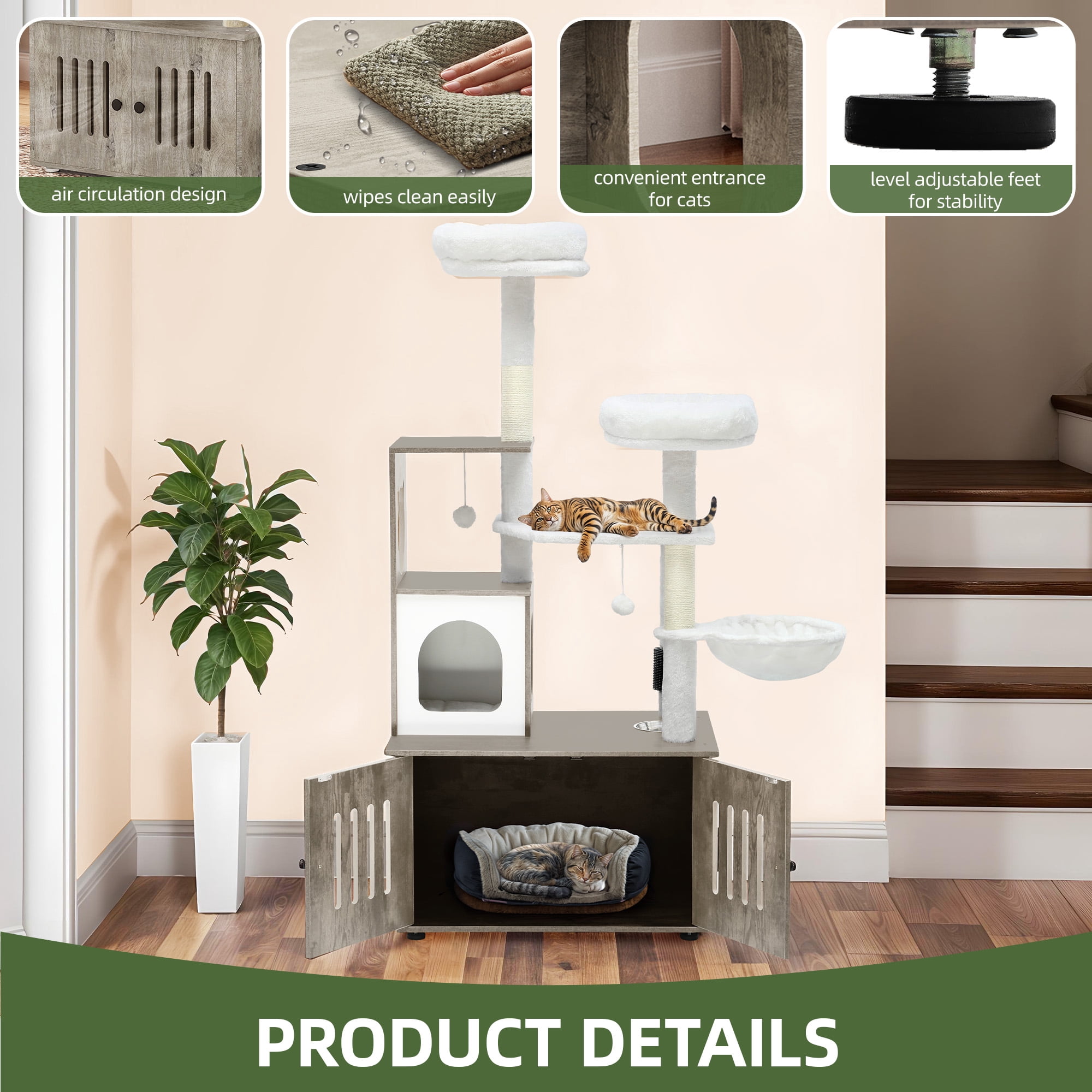 Uforic 59" Modern Wood Cat Tree for Indoor with Litter Box Enclosure and Cat Condo, 2-in-1 Cat Furniture with Scratching Posts & Hammocks, Gray