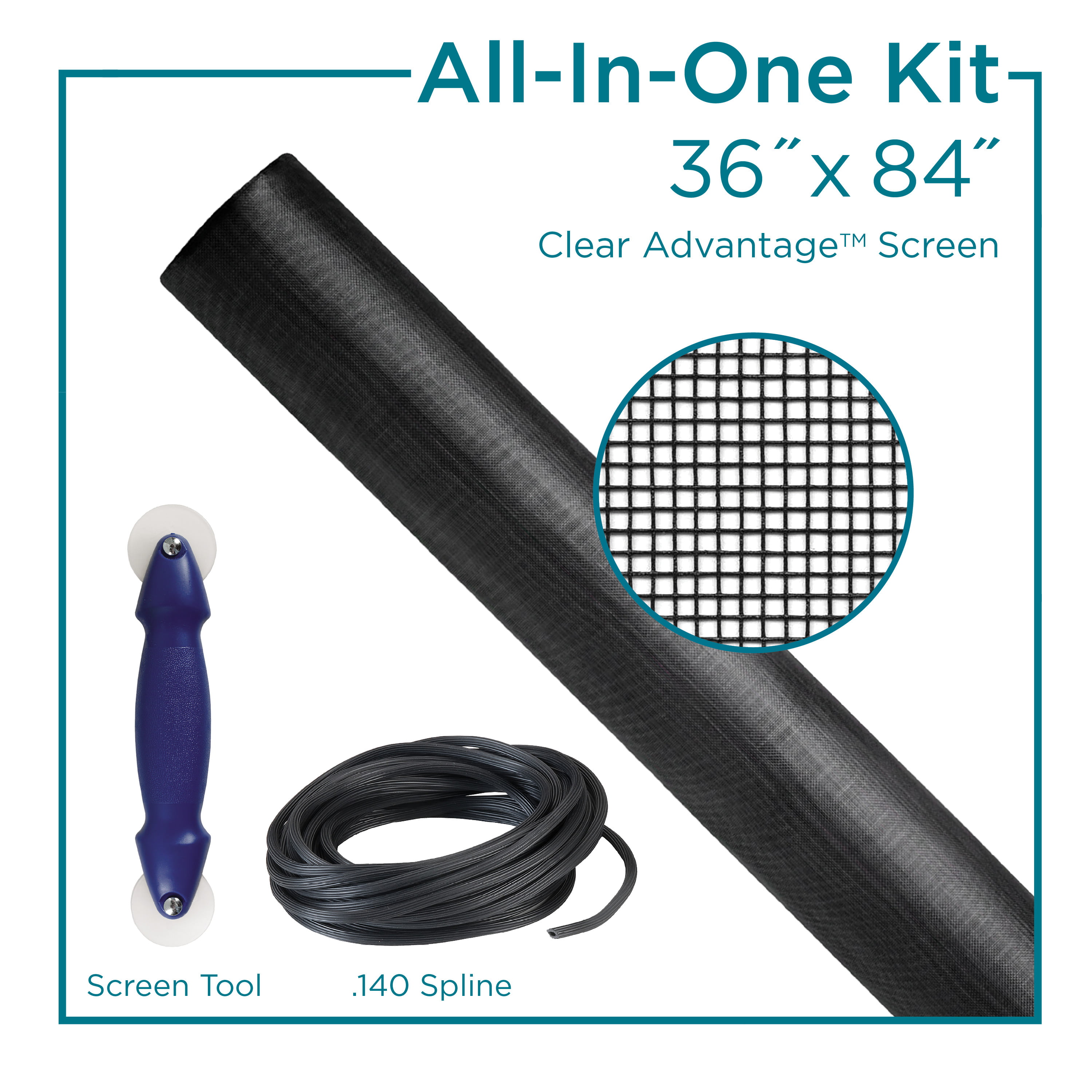 Screen Door Repair Kit36”x84” Charcoal Fiberglass Screen Cloth and Black Spline 