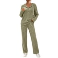 thumbnail image 3 of VBTAPA 2 Piece Sets for Women Ribbed Knit Lounge Outfit Lightweight Knitted Hoodie Tracksuit Button Collar Hooded Tops and Wide Leg Pants Matching Set Army Green S, 3 of 6