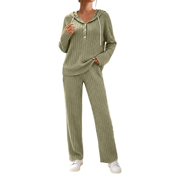 Cekizud Lounge Sets for Women Ribbed Knit Drawstring Hoodie Wide Leg Pants Casual Women 2 Piece Outfit, S-3XL