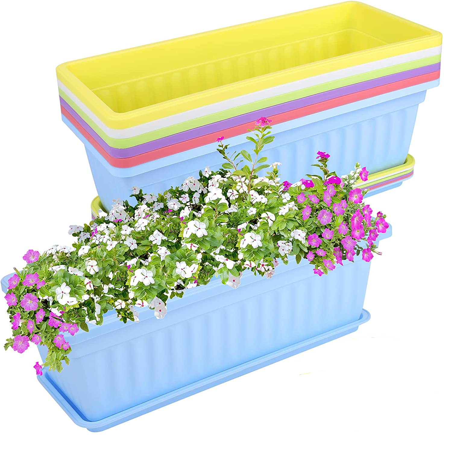 17 Inch Rectangular Plastic Thicken Planters with Trays - Window Planter Box for Outdoor and Indoor Herbs, Vegetables, Flowers and Succulent Plants (1 Pack Blue) - image 3 of 6