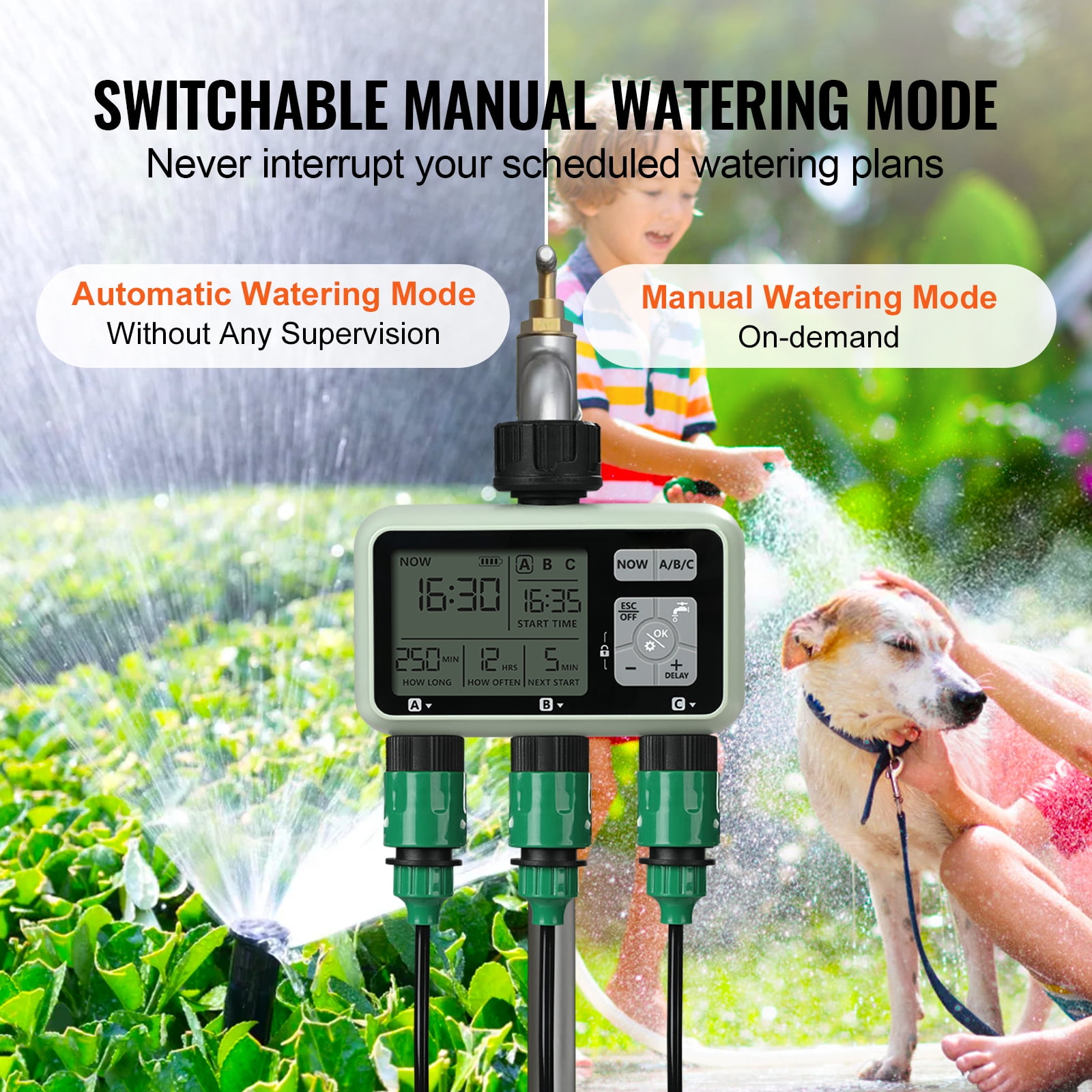 KFFKFF Water Scheduler, Triple Outlets, Sprinkler Control Timer, featuring Trio Independent Zones, LCD Screen, Rain Postpone Function, Hand-Operated Setting, 360?? Brass Connection, Metal Strainer
