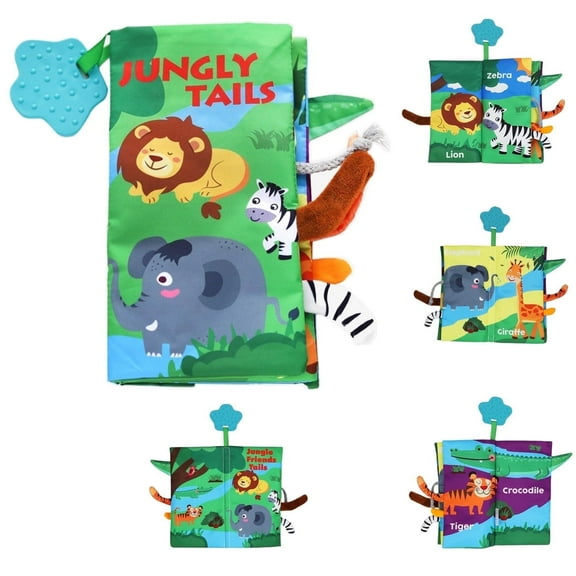 Baby 3D Soft Cloth Books, Washable, Safe & Tear-Resistant, Jungle Tails with Crinkle Paper and Beeper, 18M 