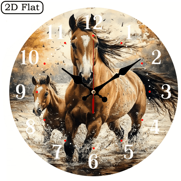 Horse Tin Sign Round Aluminum Vintage Metal 2D Flat 1pc 10Inch Design Silent Wall Clock - Wooden, Ideal for Living Room, Kitchen, Office Decor, Perfect Christmas Gift