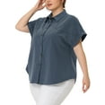 thumbnail image 4 of Unique Bargains Women's Plus Size Button Down Chambray Short Sleeve Shirts 1X Navy Blue, 4 of 6