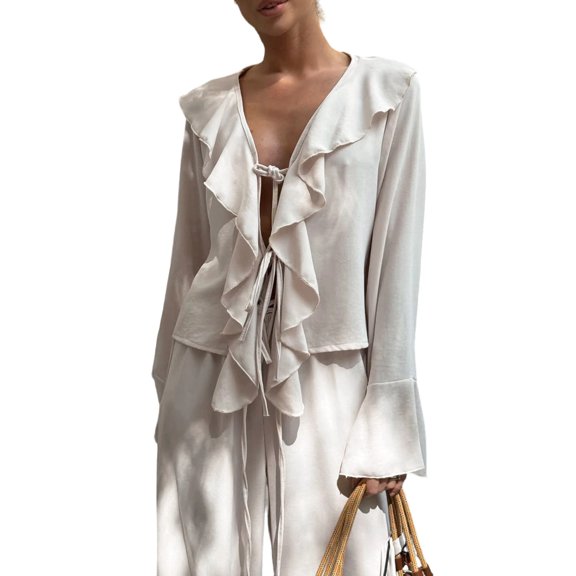 Women Ruffle V Neck Tie Front Flare Sleeve Crop Shirt Wide Leg Pants 2 Piece Casual Outfit Set Color S