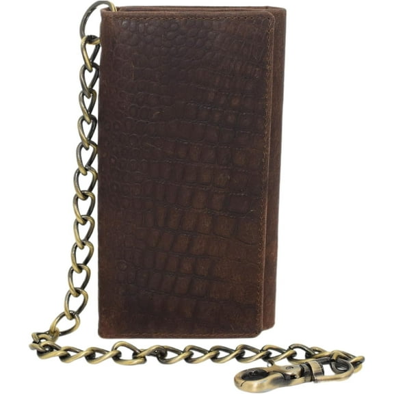 Biker Wallets for Men with Chain - Distressed Croco Leather Wallet Credit Card Slots, Money Sleeve, & Zippered Pocket  Distressed Leather Slim Trifold Chain Wallets for Men Gift Croco Brown