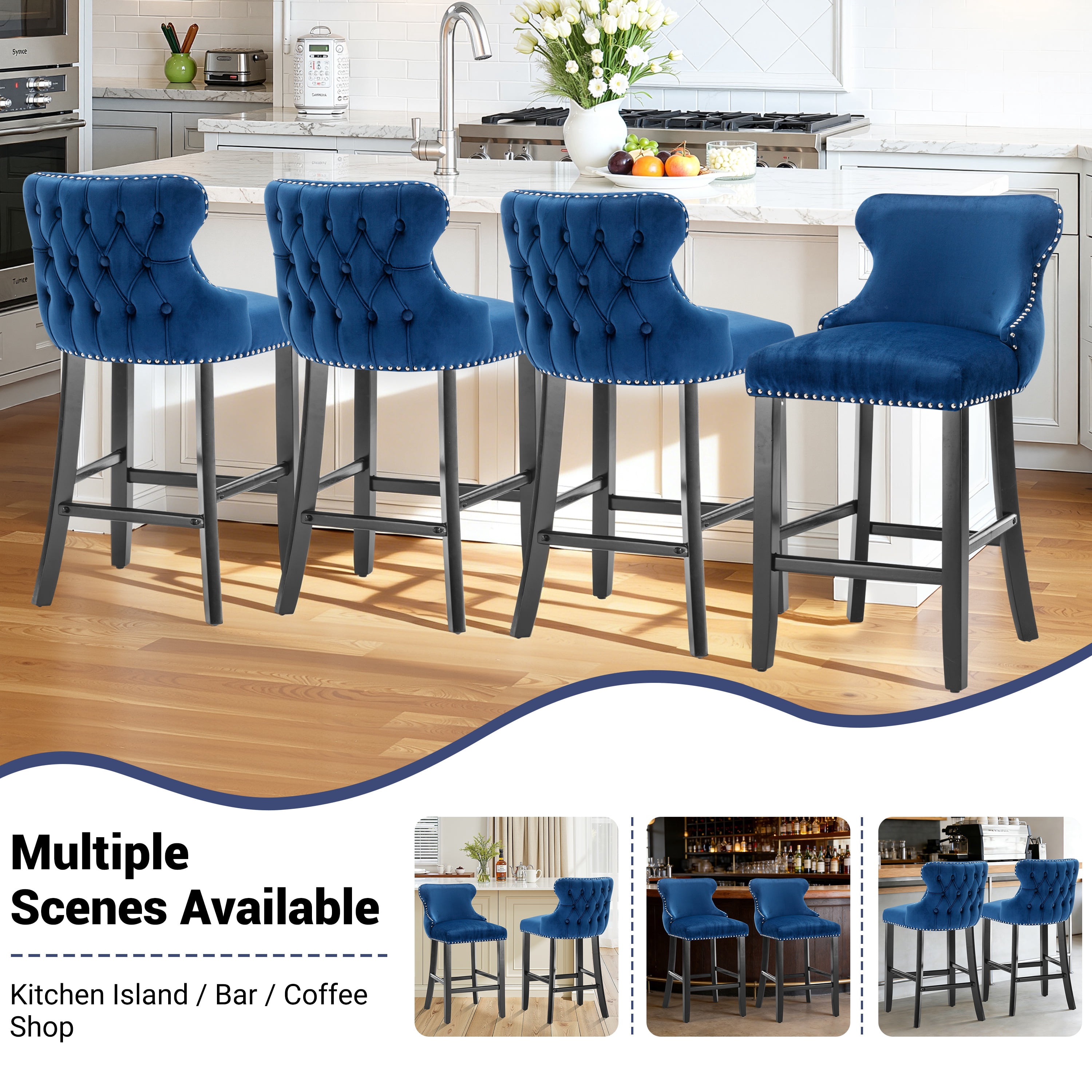 Bar Stool Set of 4, Legahome 26" Counter Height Bar Stools with Back, Velvet Upholstered Bar Stool with Button Tufted & Wooden Legs, Bar Stools Chair for 35-39" Kitchen Island Counter, Blue