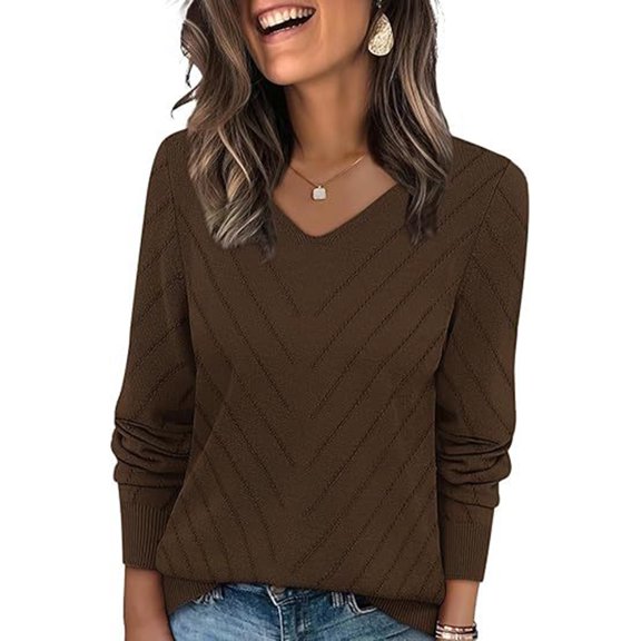 Sweaters for Women V Neck Casual Knit Long Sleeve Tops 2026 Fall Lightweight Pullover Sweaters, S