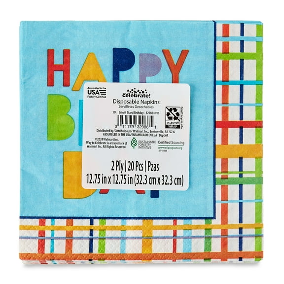 12.75" x 12.75" Disposable Multicolor Happy Birthday Paper Napkins, 20 Pieces, by Way To Celebrate