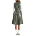thumbnail image 3 of Vestido Midi Casual sin Mangas de Cuero Sintético con Cuello en V para Mujeres, Botones, Color Verde Ejército, 3 of 6