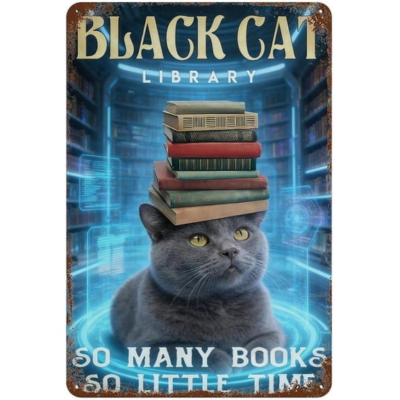 Black Cat Library Metal Tin Sign, Futuristic Cat with Books, Sci-Fi Reading Wall Decor Plaque, 8 x 12 Inch