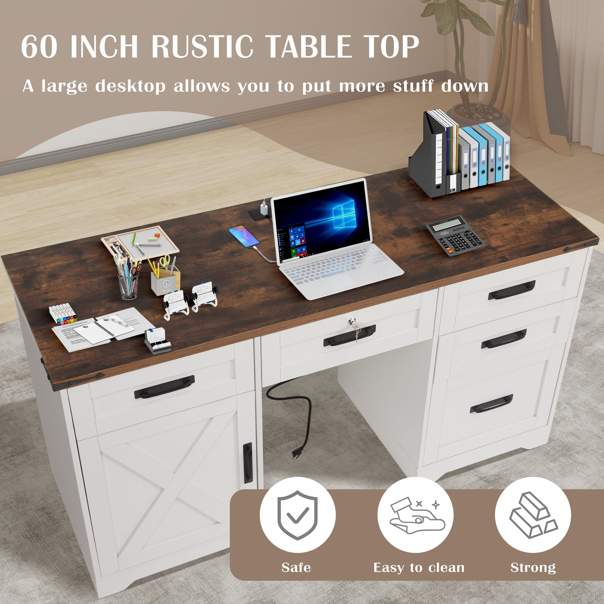 Magic Union 60" Farmhouse Executive Desk with Drawers, Wood Home Office Desk with Charging Station, Keyboard Tray, Computer Writing Desk with Filing Cabinet Drawers for Work Study, Antique White