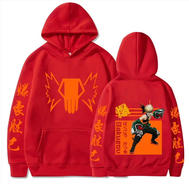 Sudaderas con capucha de Anime japonés My Hero Academia Bakugou Katsuki para hombres y mujeres, sudaderas con capucha Kawaii de Manga suelta, sudaderas con gráficos naranjas, ropa