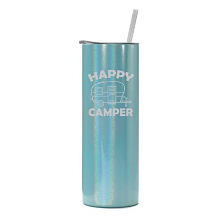 

20 oz Skinny Tall Tumbler Stainless Steel Vacuum Insulated Travel Mug Cup With Straw Happy Camper (Light Blue Iridescent Glitter)