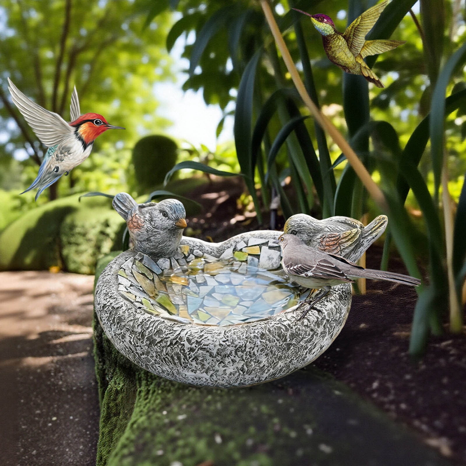 Diceymbol Mosaic Stone Bird Feeder Outdoor Standing Wild Bird Feeder With Dual Bird Figurines Weatherproof Resin Feeder For Garden Patio Yard And Backyard Bird Watching