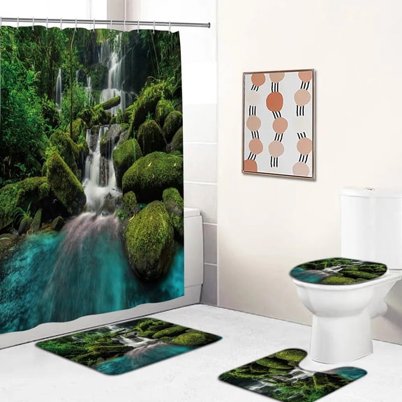 3D Natural Landscape Forest Printed Shower Curtain Set with Non-slip Toilet Lid Cover Mat Waterproof Bathing Screen Home Decor