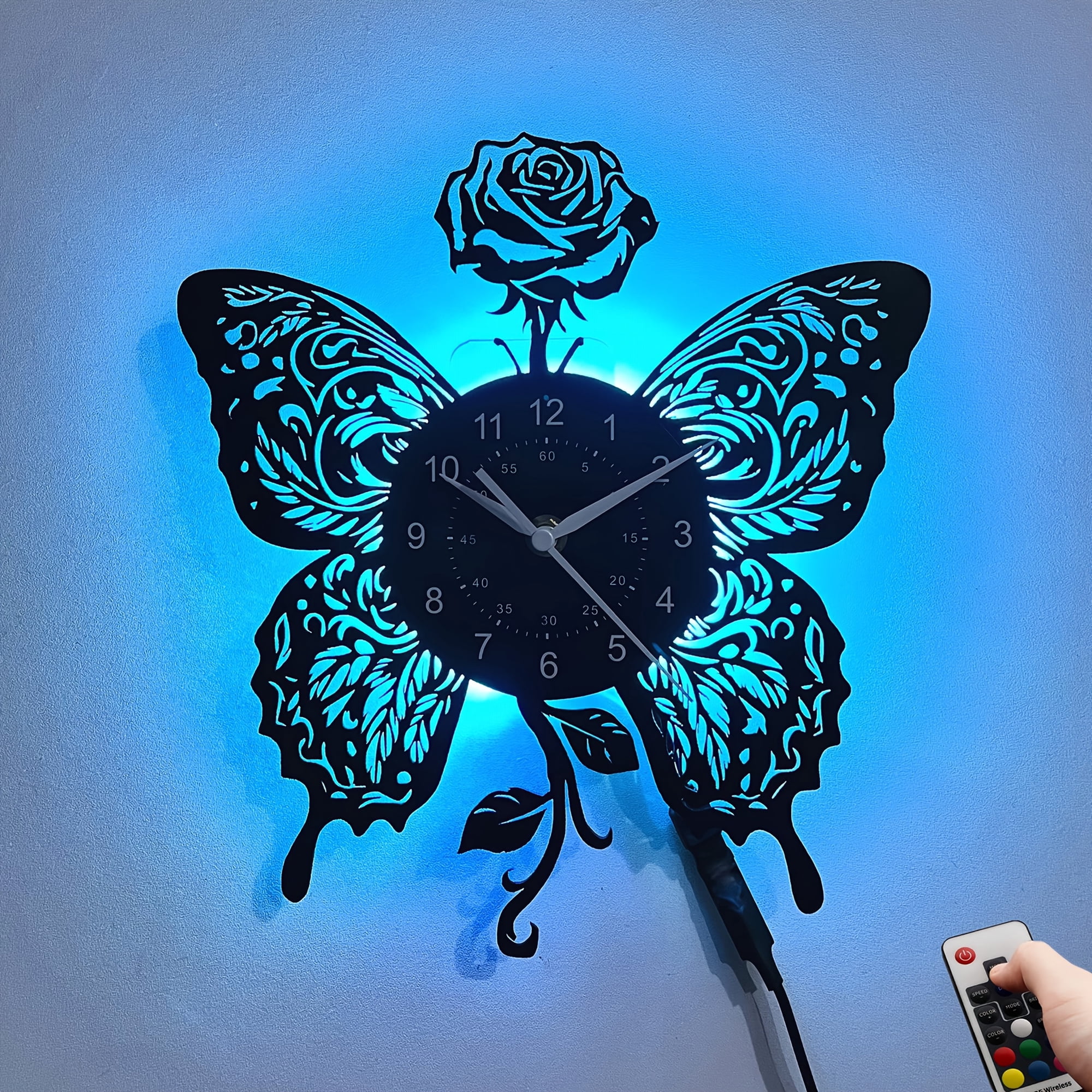 Vintage Butterfly & Rose LED Vinyl Wall Clock, Silent Non-Ticking with 7 Color Changing Lights, Elegant Decor Clock for Living Room Bedroom Office, Ideal Gift for Christmas Mother's Day