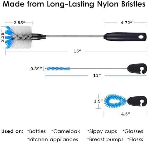 3-in-1 Stainless Steel Bottle Brush and Straw Cleaning Set, Long Handle Scrub Brush with Replaceable Head for Water Bottles, Glasswares, Mugs, Flasks, Tumblers, Vases, Flat Head