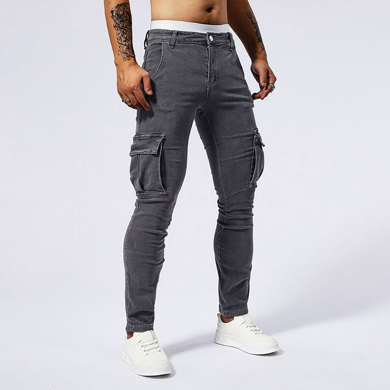 Men's Cargo Jeans Casual Fashion Denim Trousers Pocket Solid Color