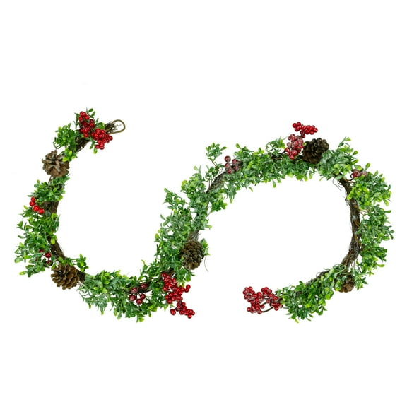 Northlight 6' x 6" Unlit Glittered Artificial Boxwood, Pine Cone and Red Berry Christmas Garland