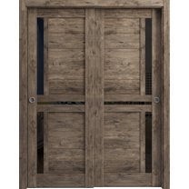 Sliding Closet Bypass Doors 72 x 84 inches | Veregio 7588 Cognac Oak with Black Glass | Sturdy Rails Moldings Trims Hardware Set | Wood Solid Bedroom Wardrobe Doors