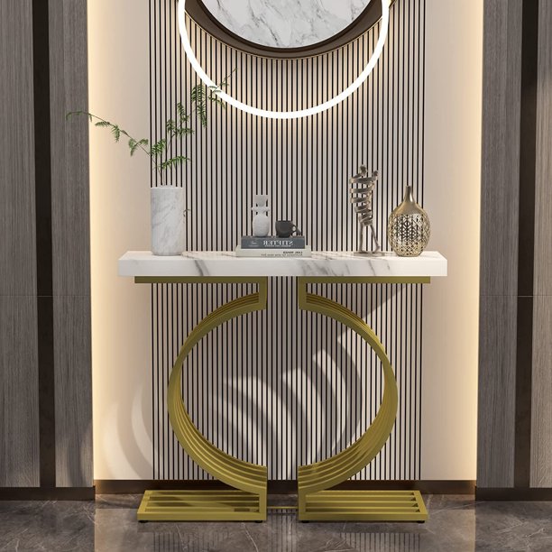 Console Table, 40 inch Modern Faux Marble Entryway Table with Base, Narrow Sofa Table Suitable