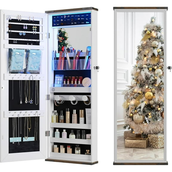Farmhouse Jewelry Organizer,Jewelry Armoire Cabinet with LED Lights Wall or Door Mounted, Full Length Mirror with Storage&Lockable,Interior Mirror,White