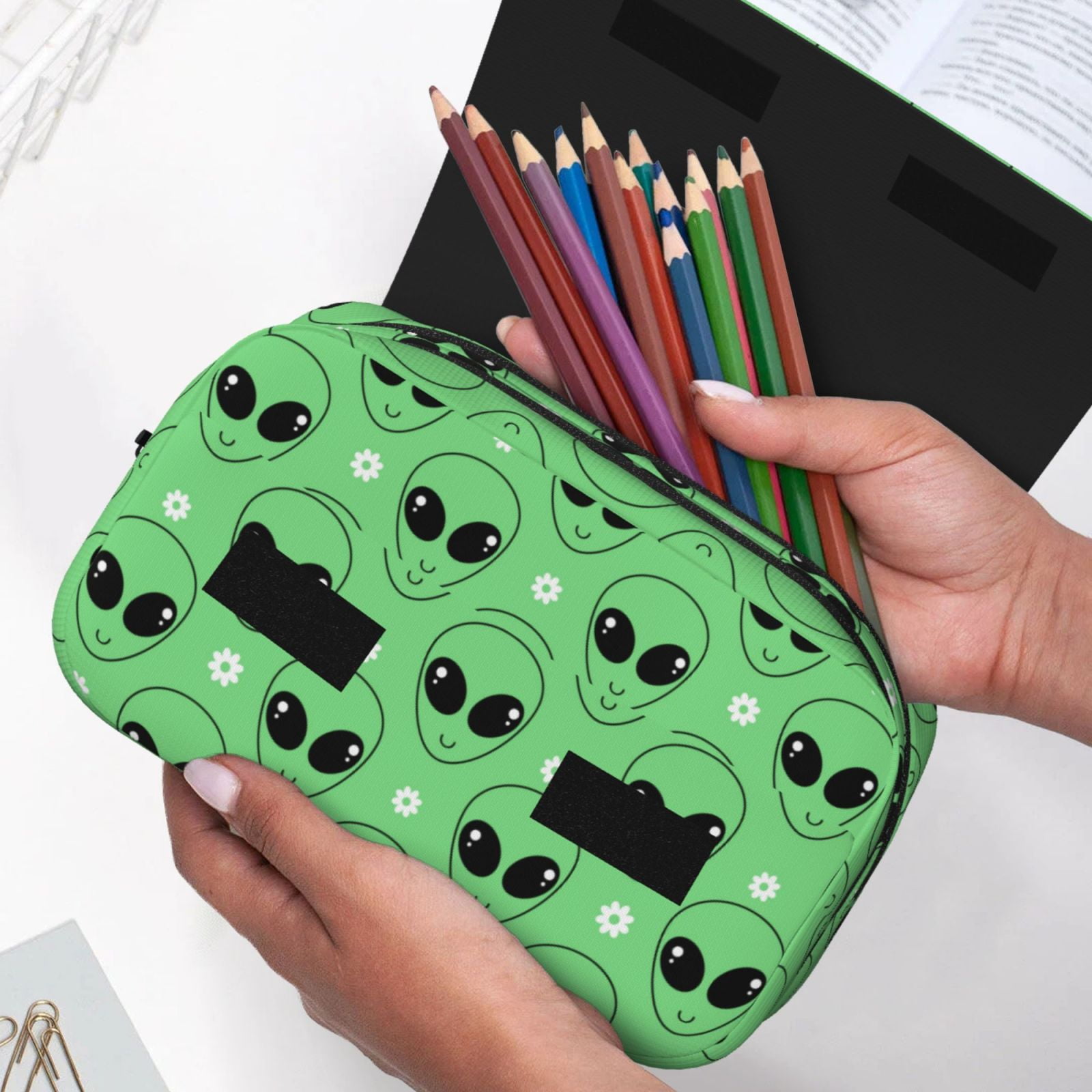 Rateoe alien cartoons Pattern Double Clamshell Pen Case, Storage Organizer with Two Zipper Compartments– Holds Up to 50 Pencils & Pens