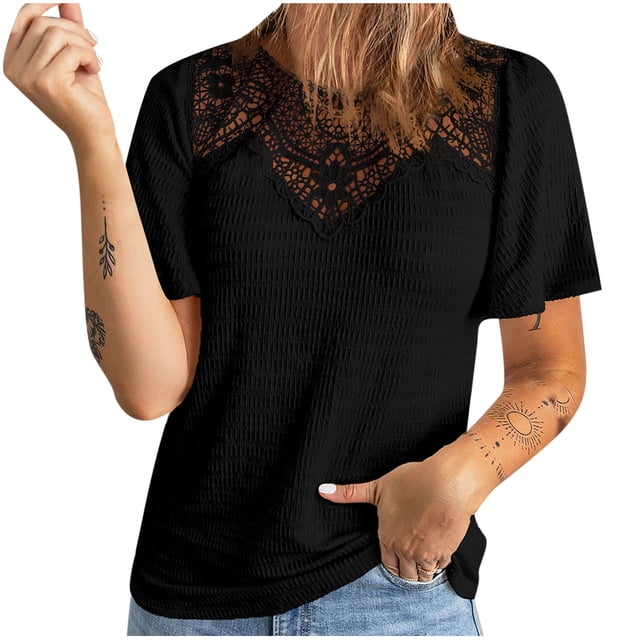 Blusa superior sexy de manga corta con retazos de encaje con cuello redondo de verano para mujer Fridja bn2316