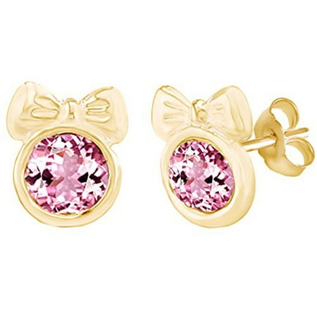 14k Gold Minnie Mouse Round Shape Simulated Pink Tourmaline Minnie Mouse Bow Stud Earrings 14K Yellow Gold Over Sterling Silver ()