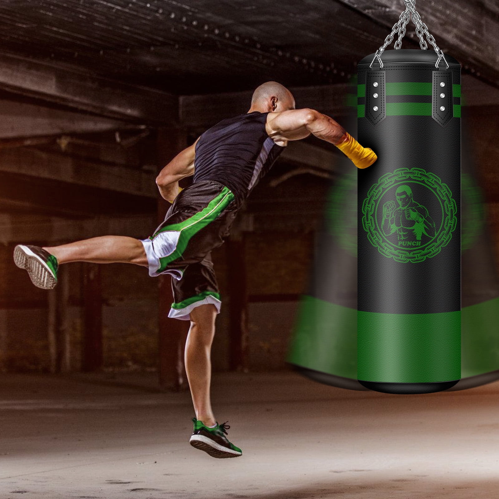 Hanging Punching Bag for Adults, 4FT PU Heavy Bag Boxing Training Equipment, Boxing Set with Hand Wraps Chains for Muay Thai Training Karate Kickboxing MMA Home Gym (Unfilled)