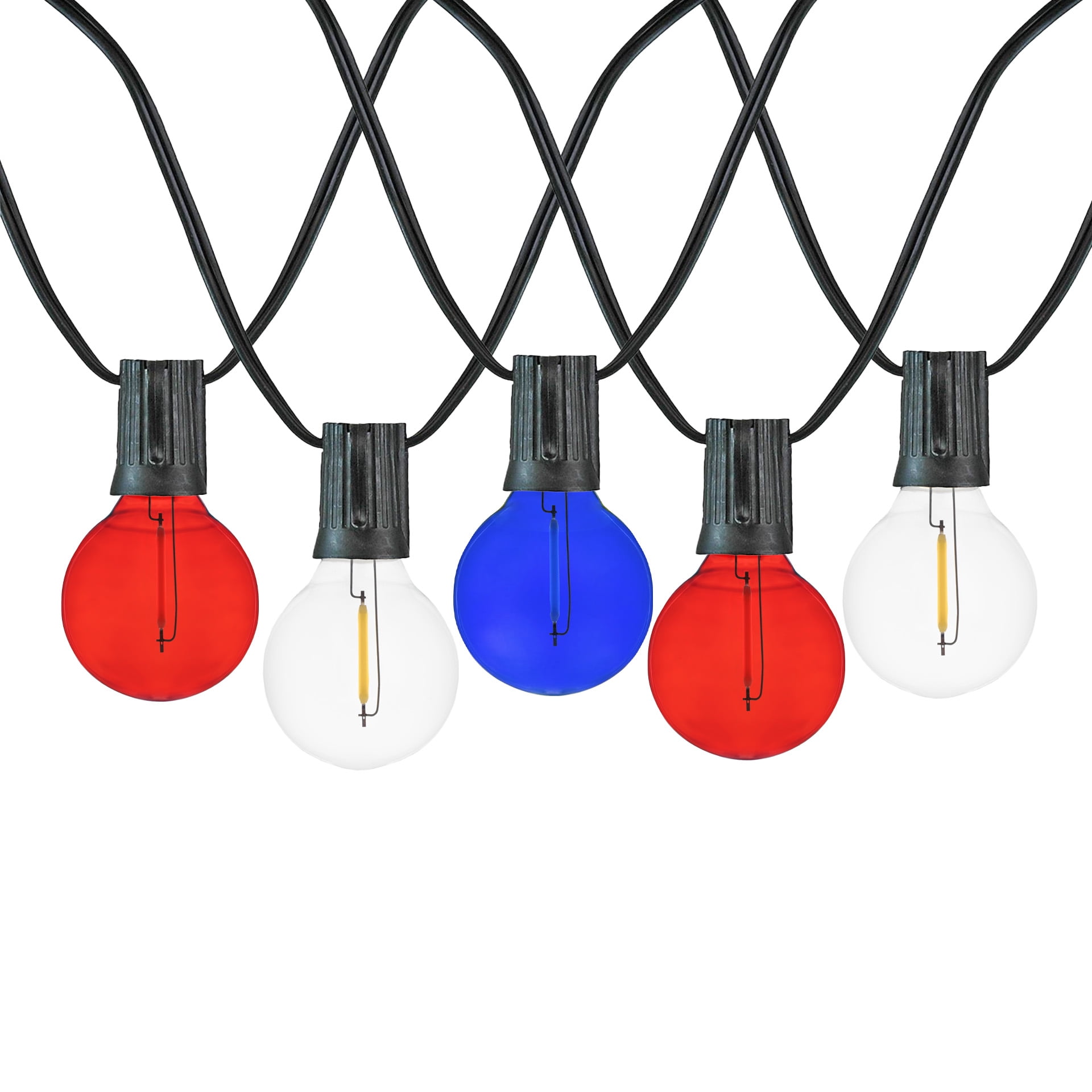 Novelty Lights 25 Feet Red/White/Blue July 4th USA LED G40 Globe Plastic Shatterproof Outdoor Patio String Lights, Black Wire