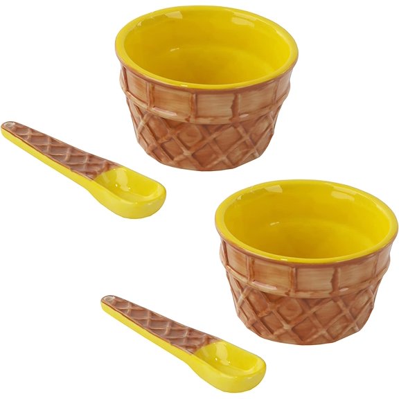 Servette Home Ceramic Yellow Ice Cream Sundae Dessert Bowl with Spoon 8oz - Set of 2