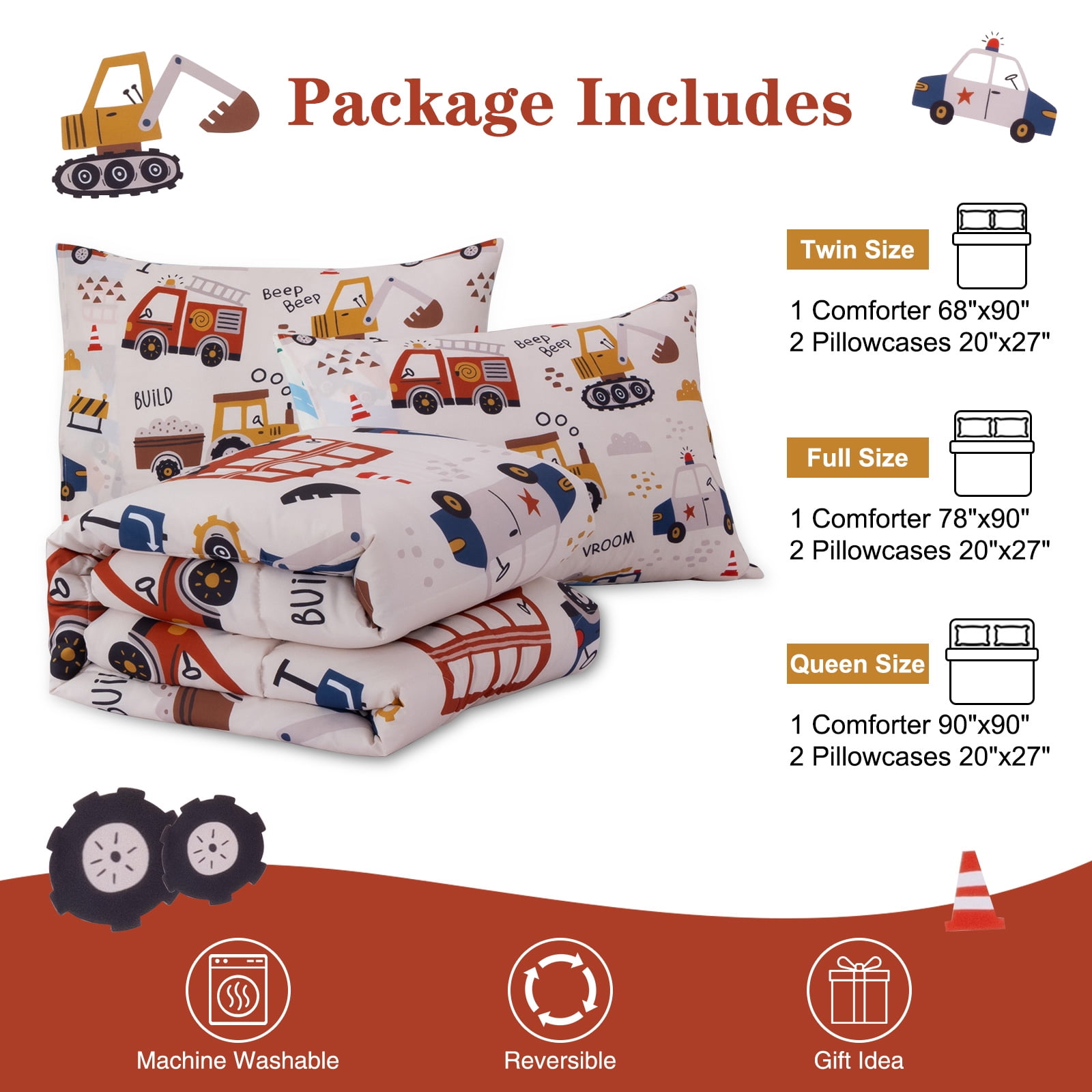 Btargot 3 Piece Bus Truck Twin Comforter Set for Boys Kids Vehicles Excavator Police Car Bedding Set