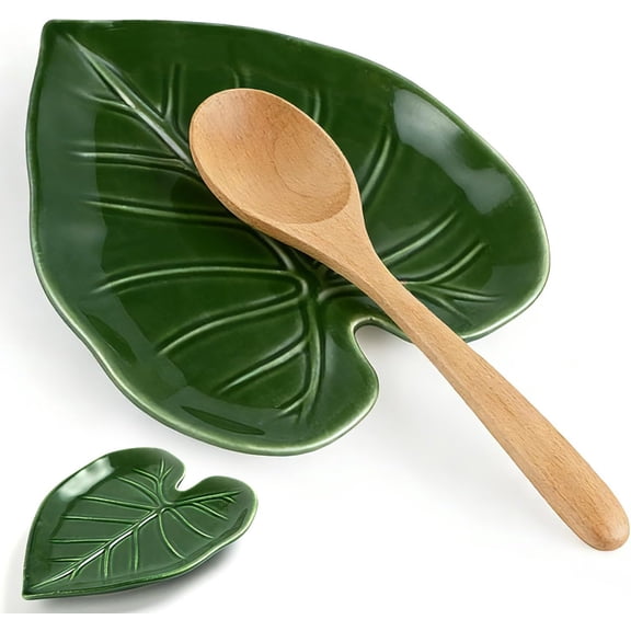 Rulong Cute Leaf Shaped Ceramic Spoon Rest Holder For Stove Top Kitchen Counter Decorative Utensil Server Stand Keeps Counters Clean Green Kitchen Decor Gift Idea