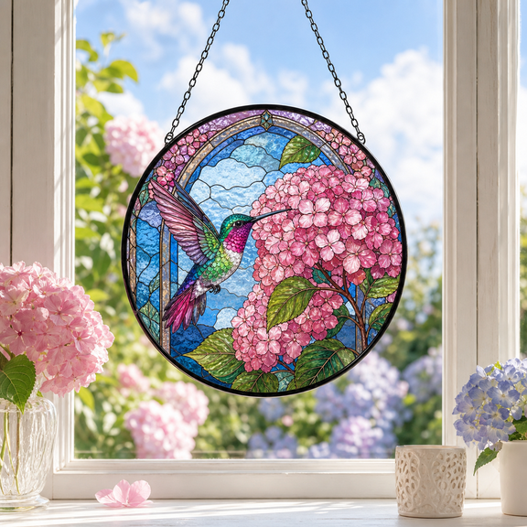 Hummingbird Stained Glass Suncatcher Pink Hydrangea Window Hanging Gift