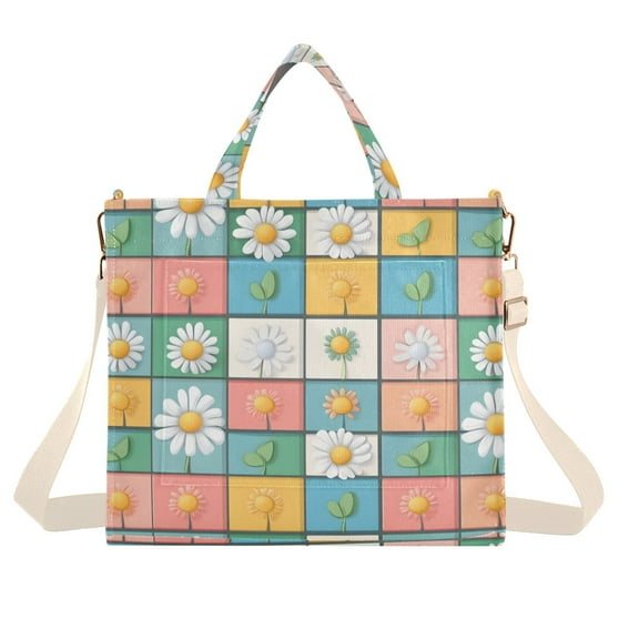 FORMRS Womens Corduroy Tote Bag Crossbody Shoulder Handbag with Pocket, Daisy Mosaic