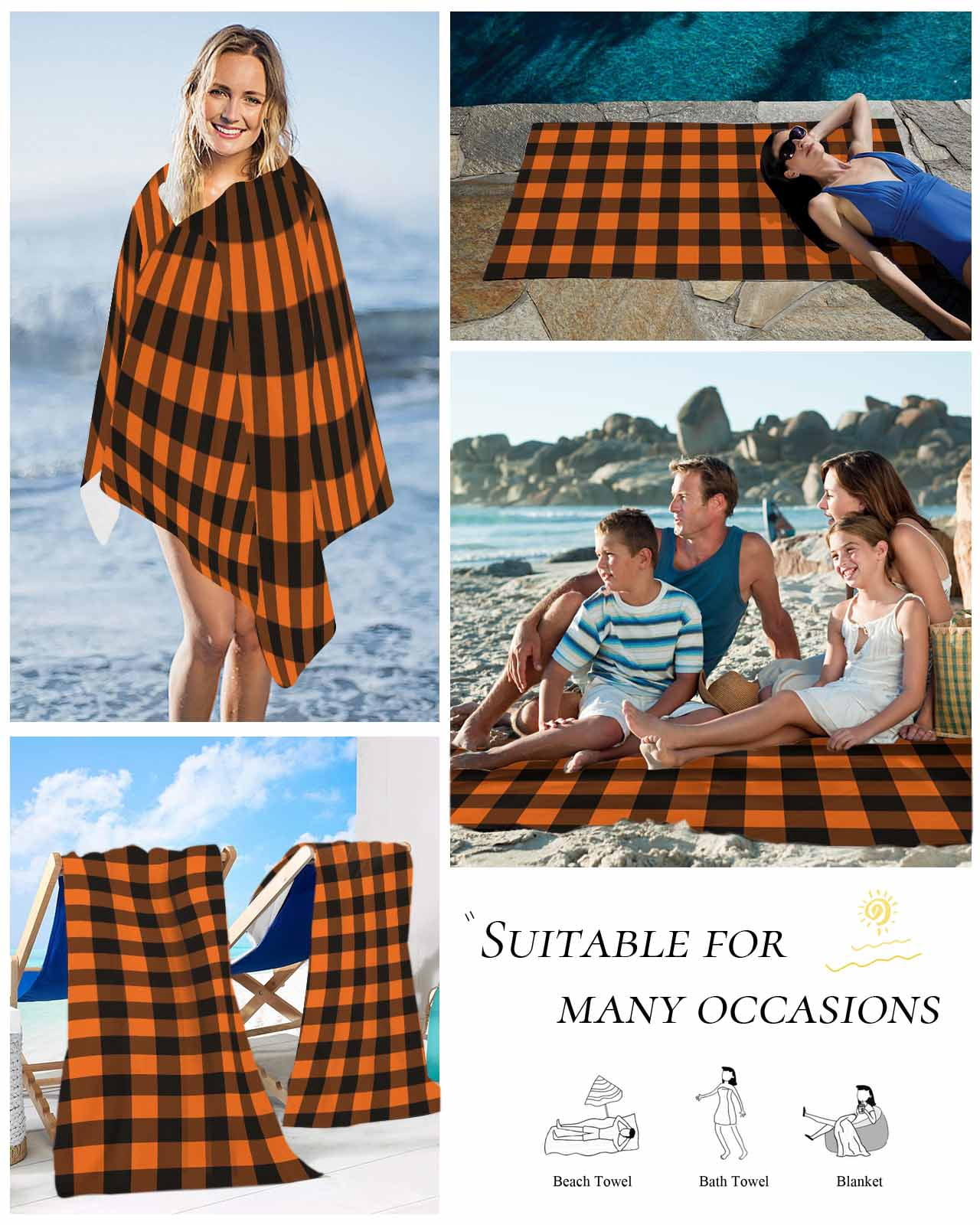 Black Orange Plaid Beach Towels Oversized Super Absorbent, Farmhouse Buffalo Check Gingham Lightweight Bath Towel Quick Dry Sets For Bathroom/Pool/Rv Camping/Beach Play/Gym Room/Picnic 31"x62"