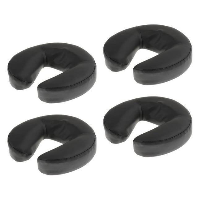 paquete de 4 almohadillas para reposacabezas de cuello de espuma para facial para mesas de jinwen cojín de almohada de masaje de spa Paquete de 4 cojines en U negros con funda de cuero PU y núcleo de espuma de alta densidad, cada uno aprox. 27x28x6 cm; vista cenital sobre fondo blanco con las cuatro piezas separadas; diseñados para mesas de masaje y tratamientos faciales, reutilizables y lavables; también suelen usarse para apoyar el cuello en sesiones de acupuntura o terapia manual.