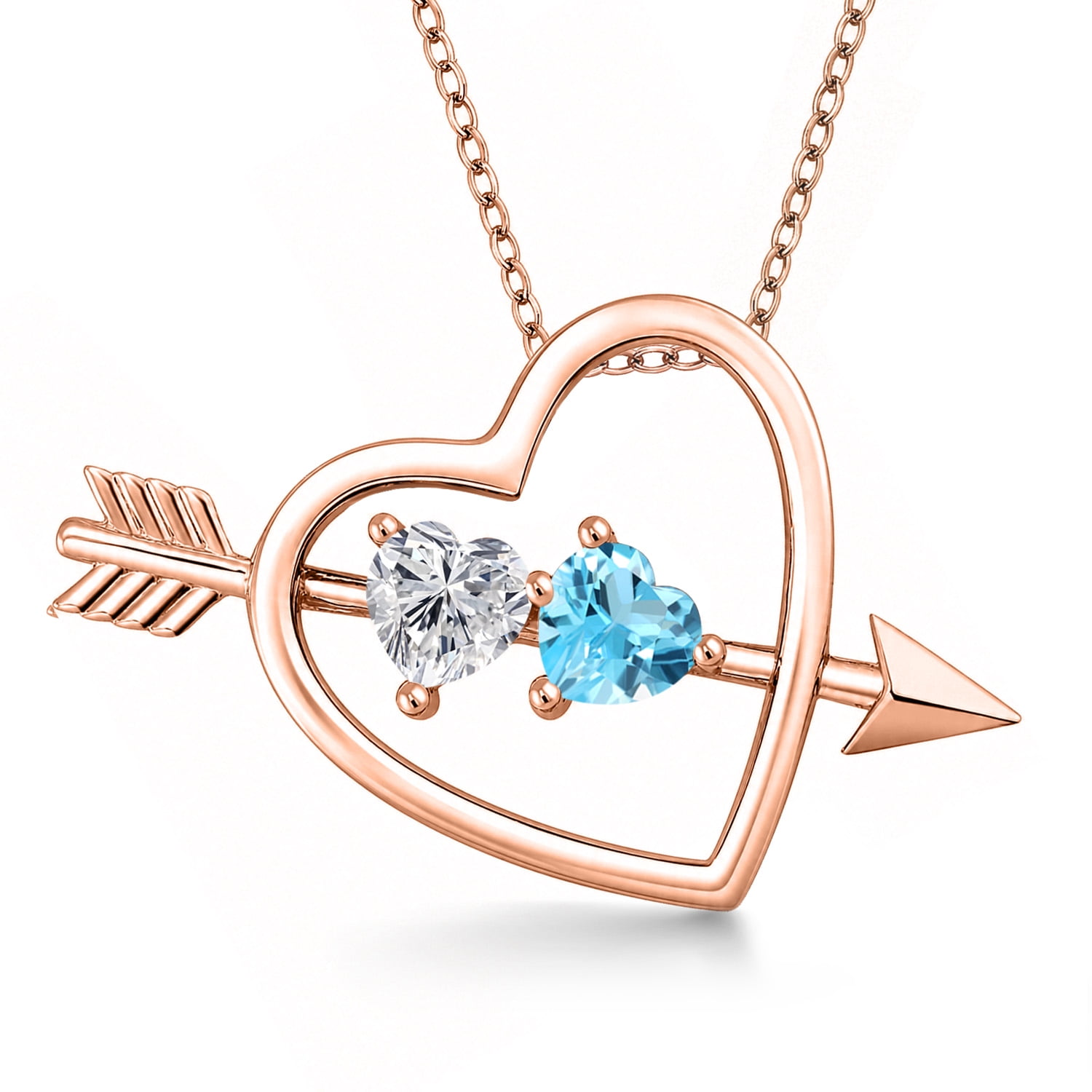 Gem Stone King 18K Rose Gold Plated Silver Lab Grown Diamond and Swiss Blue Topaz Pendant Necklace for Women | 0.99 Cttw | Gemstone April Birthstone | Heart Shape 5MM | With 18 inch Chain