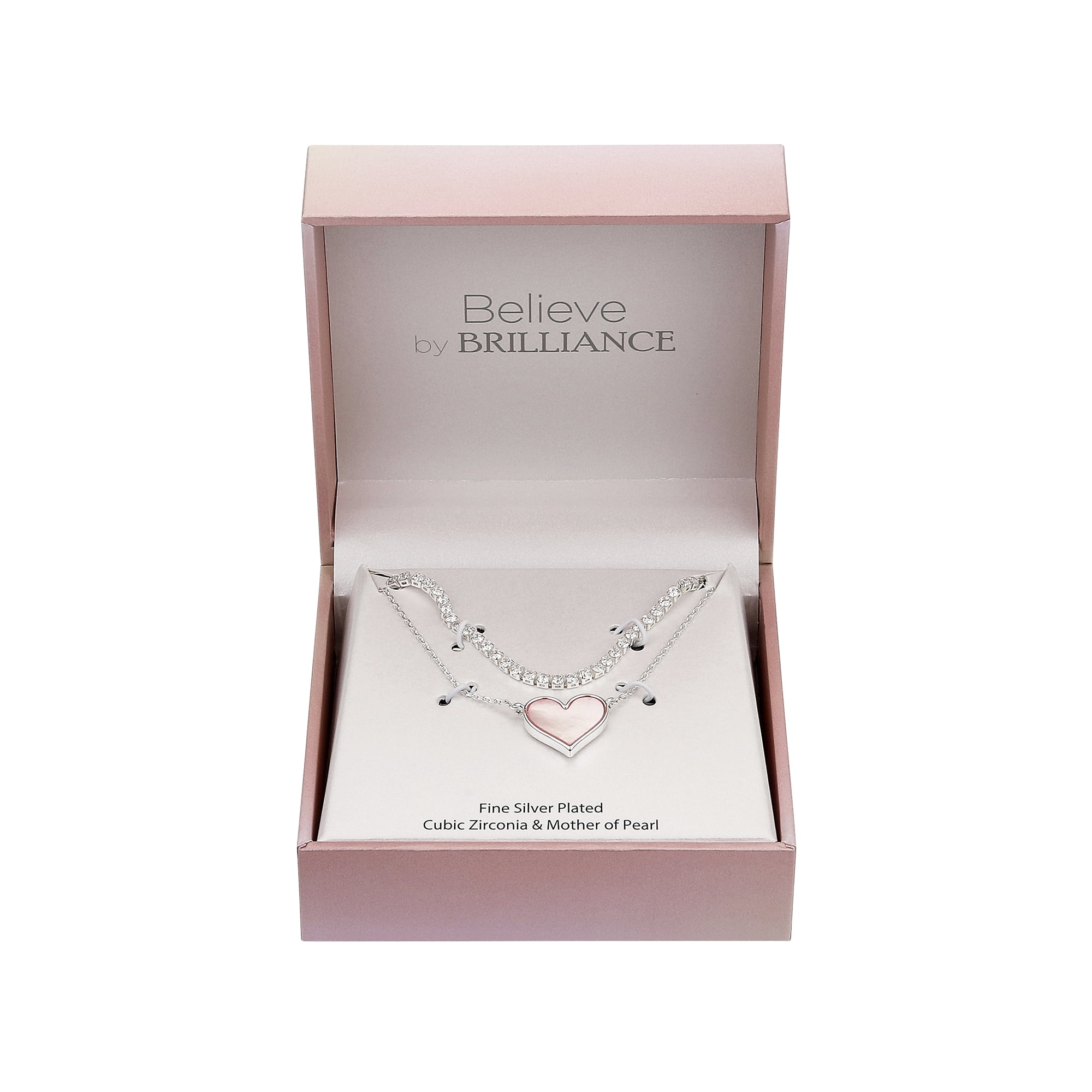 Believe by Brilliance Women's Fine Silver Plated Mother of Pearl Heart and Cubic Zirconia Tennis Necklace Set, 16+2" & 18+2" Extender