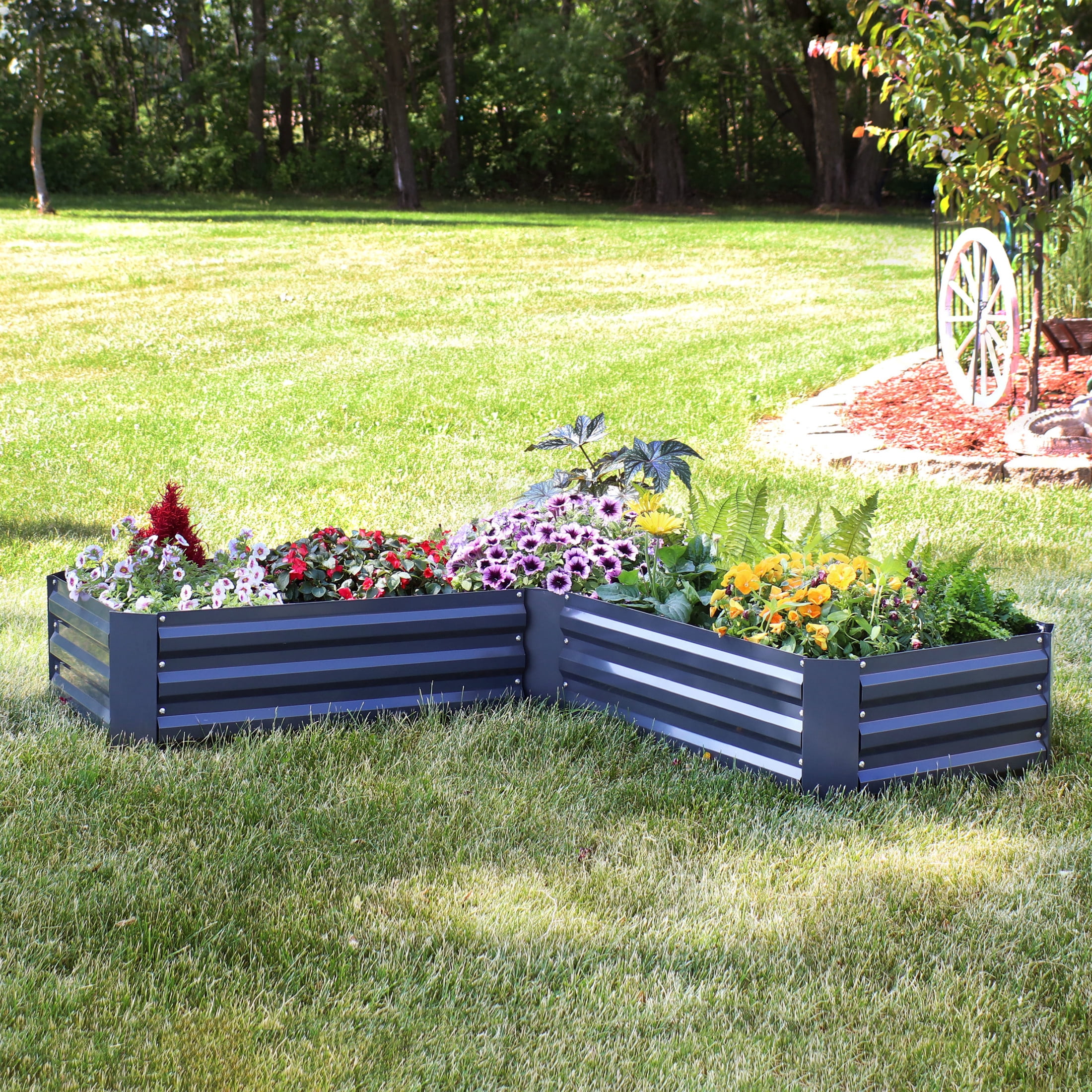 Sunnydaze 59.5" x 59.5" x 11.75" L-Shaped Dark Gray Galvanized Steel Raised Garden Bed