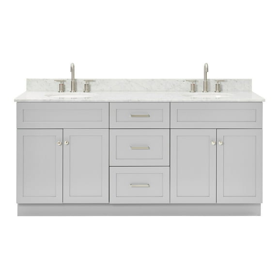Ariel Hamlet 73 In. Double Oval Sink Vanity With 0.75 In. Carrara White Countertop In Grey