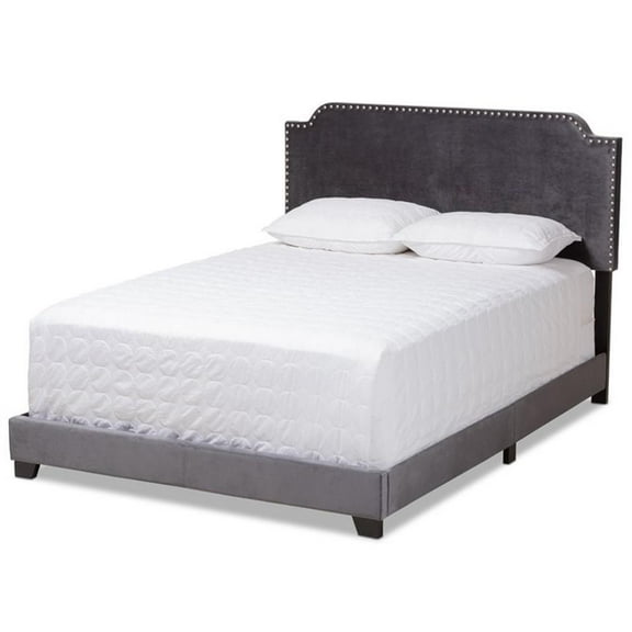 Bowery Hill Velvet Nailhead Upholstered King Bed in Grey