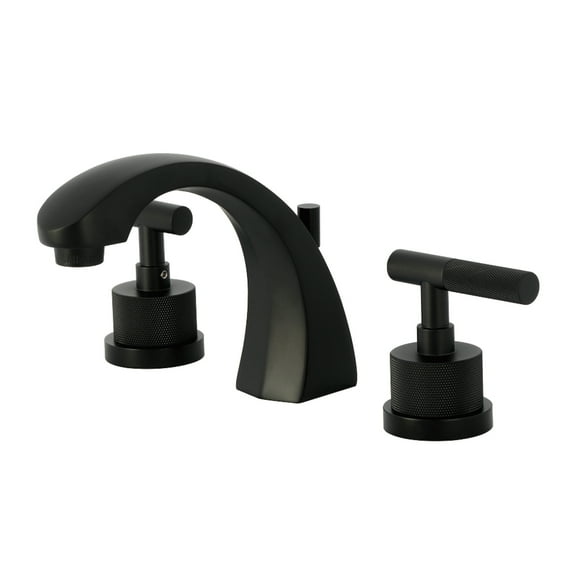 Kingston Brass KS4980KNL Convergent Two-Handle 3-Hole Deck Mount Widespread Bathroom Faucet with Knurled Handle and Brass Pop-Up in Matte Black